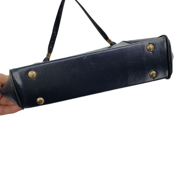 Vintage 60's Handbag Top Handle Vegan Framed Clasp Closure Midnight Blue Gold - Picture 10 of 13